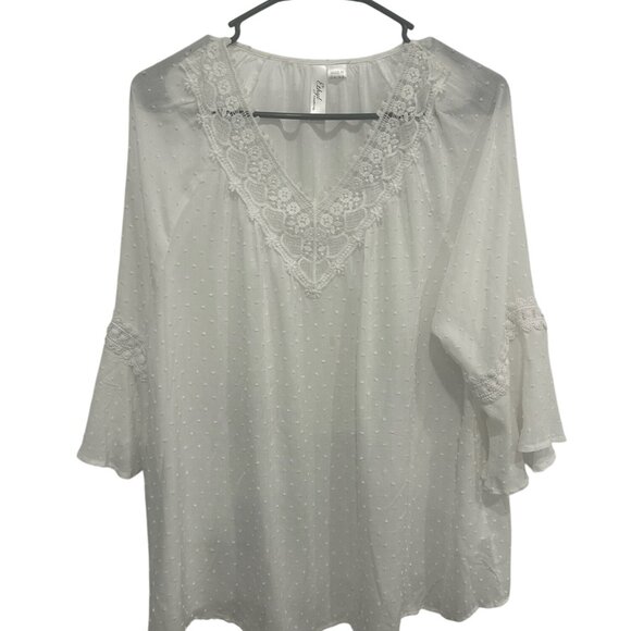 Ethyl Clothing Womens White Lace Trim Bell Sleeve Blouse Sz Medium Casual Dressy - Picture 1 of 10